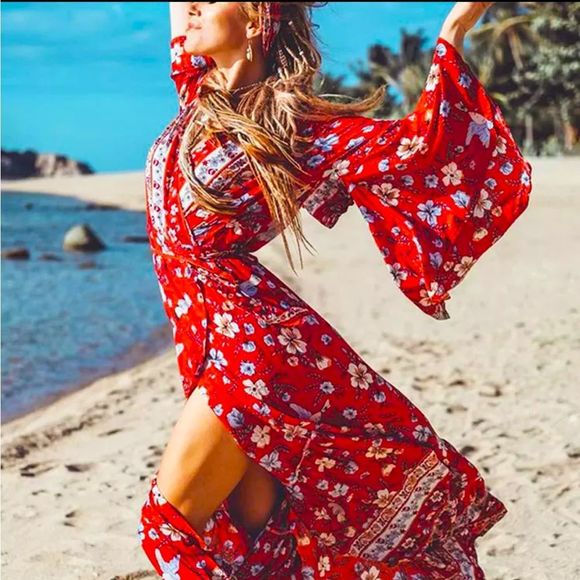 Vintage Floral Print Wrap Dress Kimono Robe Duster Cardigan - Picture 2 of 8